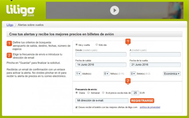 Pantalla para crear una alerta de precios